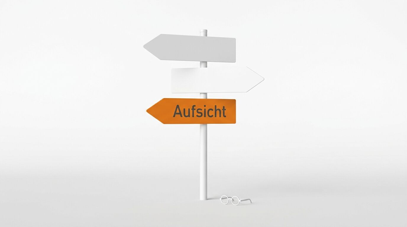 Wegweiser mit drei Schildern, das unterste orange mit Aufschrift „Aufsicht“, daneben eine Brille