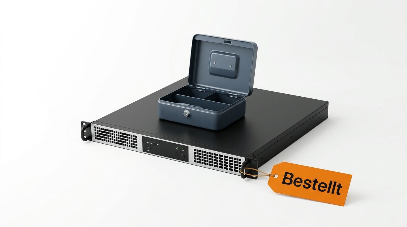 Ein Server mit einer Geldkassette und einem Anhänger mit dem Wort Bestellt