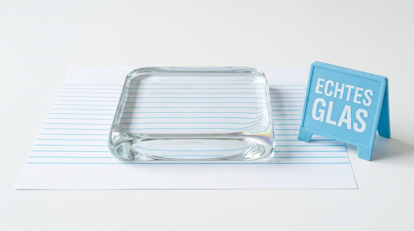 Glasquader vergrößert linierte Papierzeilen; Schild „ECHTES GLAS“ daneben