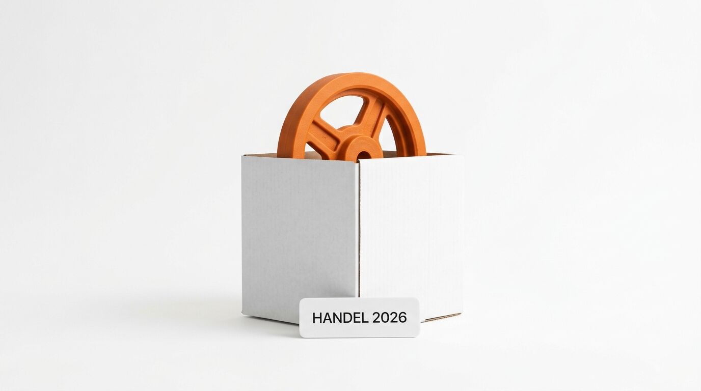 Oranges Speichenrad im weißen Karton, Schild „HANDEL 2026“ davor auf weißem Grund