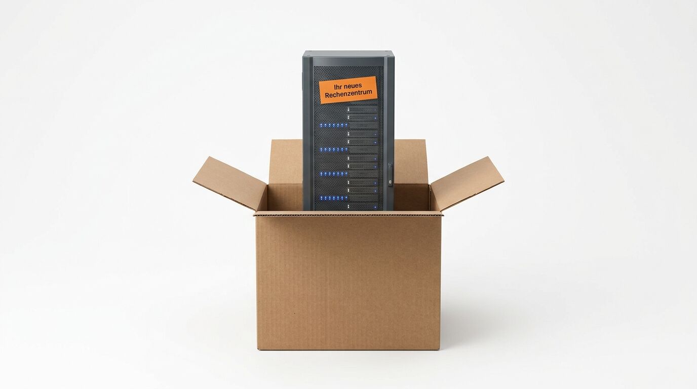 Ein Server in einem offenen Karton mit einem orangefarbenen Aufkleber auf einem weißen Hintergrund