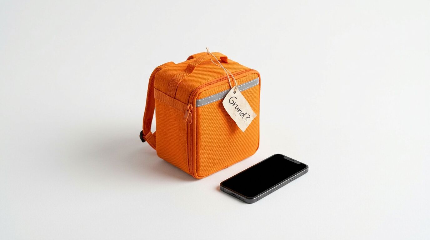 Ein oranger Rucksack mit dem Etikett „Grund?“ und ein Smartphone auf weißem Grund