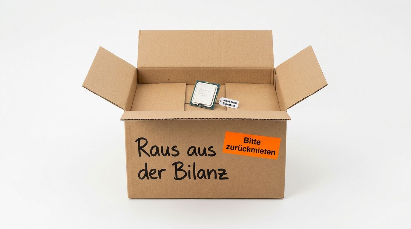 Ein offener Karton mit Prozessor und den Aufschriften „Raus aus der Bilanz“ und „Bitte zurückmieten“