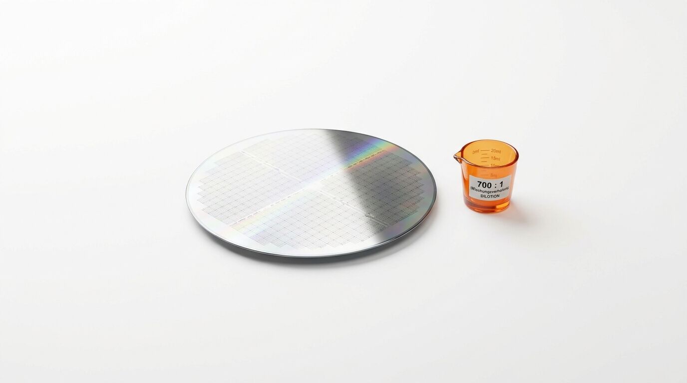 Ein Silizium-Wafer und ein kleiner oranger Messbecher auf weißem Untergrund