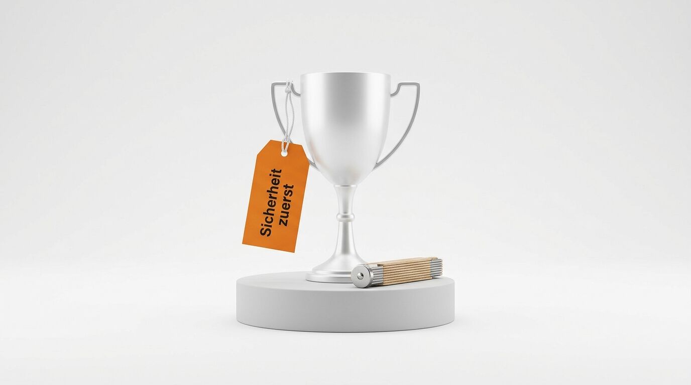 Silberpokal auf Podest mit Anhänger „Sicherheit zuerst“ und Zollstock
