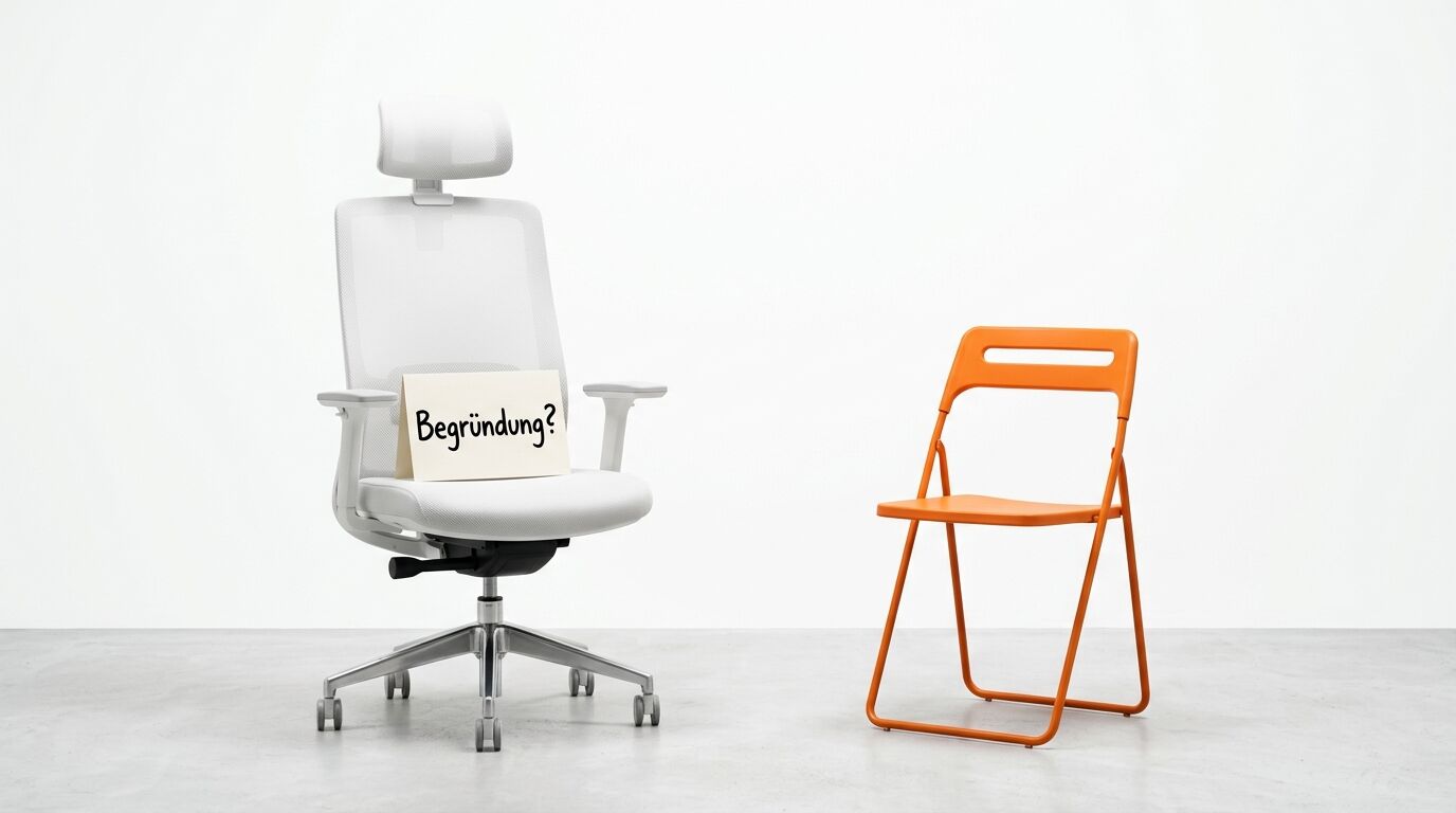 Weißer Bürostuhl mit Schild „Begründung?“ links, oranger Klappstuhl rechts