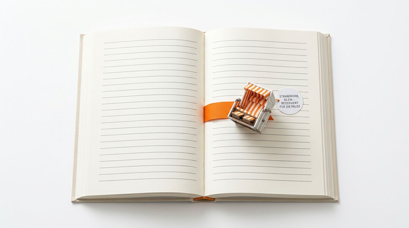 Geöffnetes Notizbuch mit Miniatur-Strandkorb, orange-gestreiftem Band und Text-Etikett