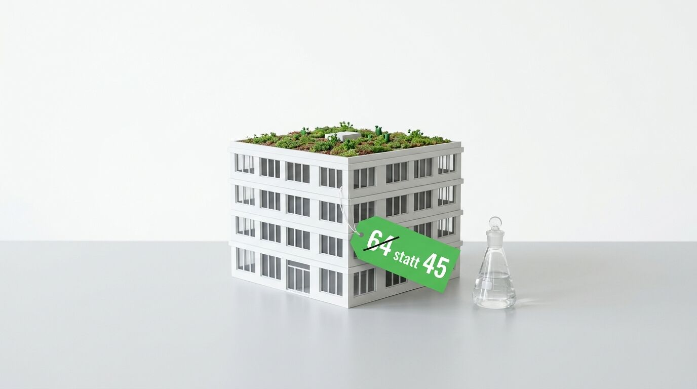 Architekturmodell, grünes Preisschild und Laborglas auf grauer Fläche, weißer Hintergrund