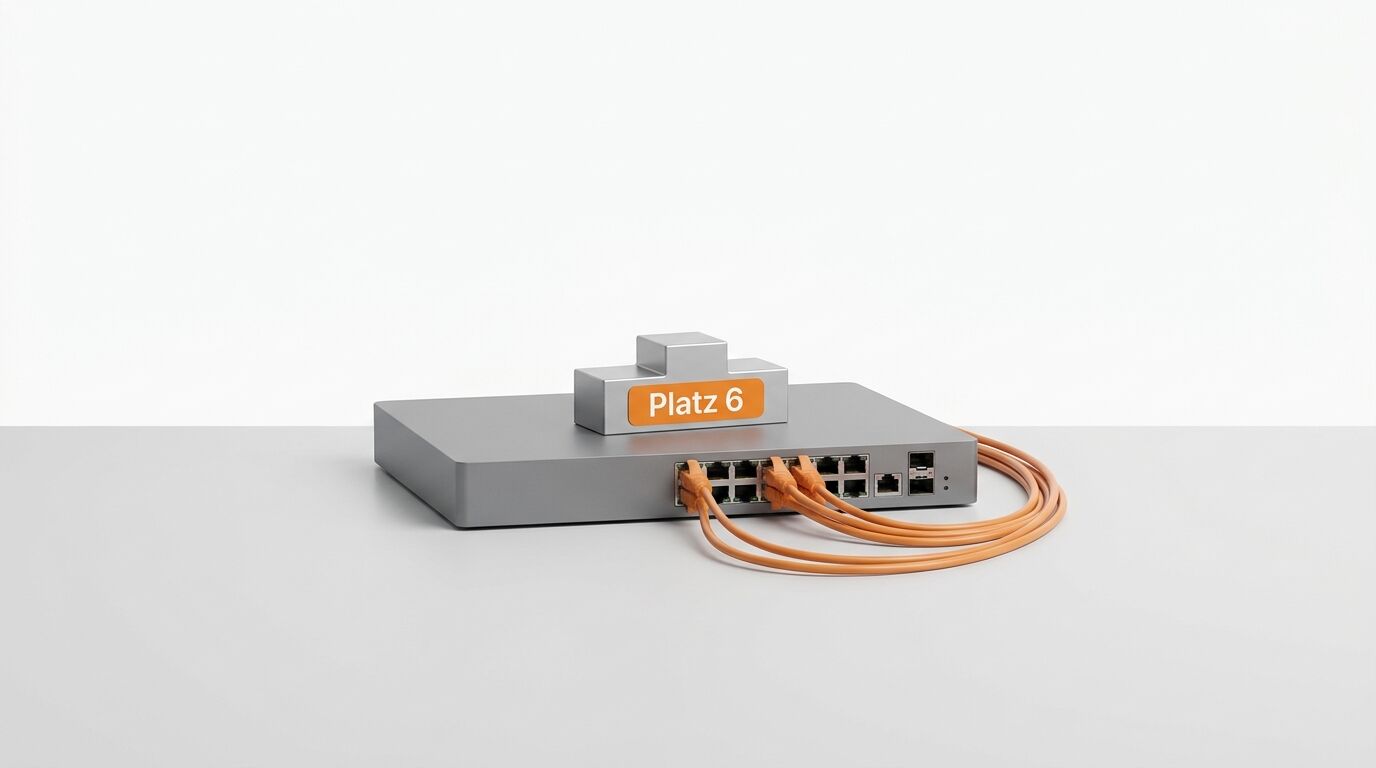 Silberner Netzwerkswitch mit orangefarbenen Kabeln und Schild „Platz 6“ auf grau-weißem Grund