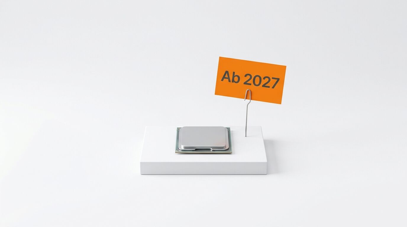Ein CPU-Prozessor auf einem weißen Podest mit orangefarbenem Schild „Ab 2027“ auf weißem Hintergrund