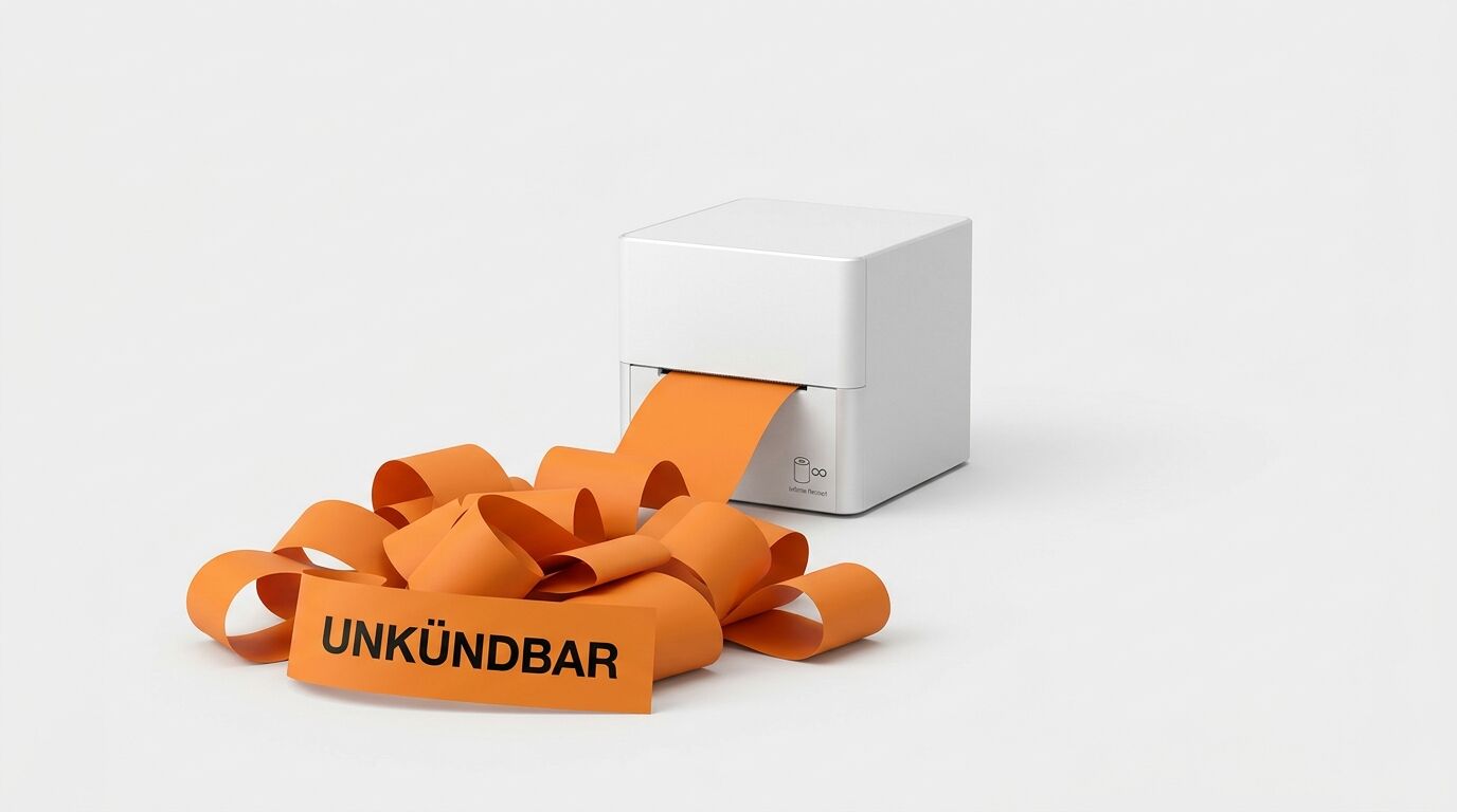 Etikettendrucker druckt orangefarbenes Band, auf dem „UNKÜNDBAR“ steht, auf weißem Grund
