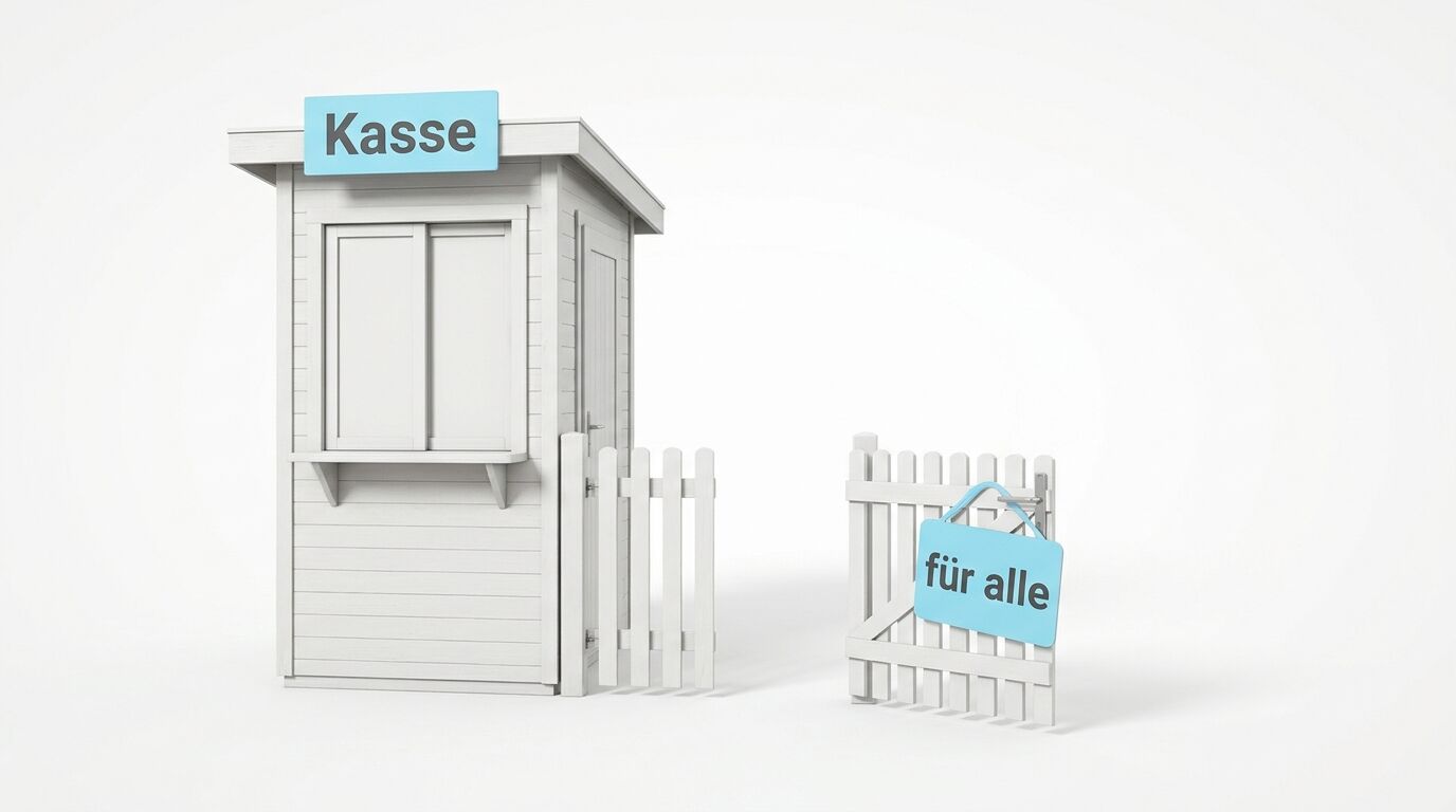 Weiße Kasse mit „Kasse“-Schild und Gartenzaun mit offenem Tor und „für alle“-Schild