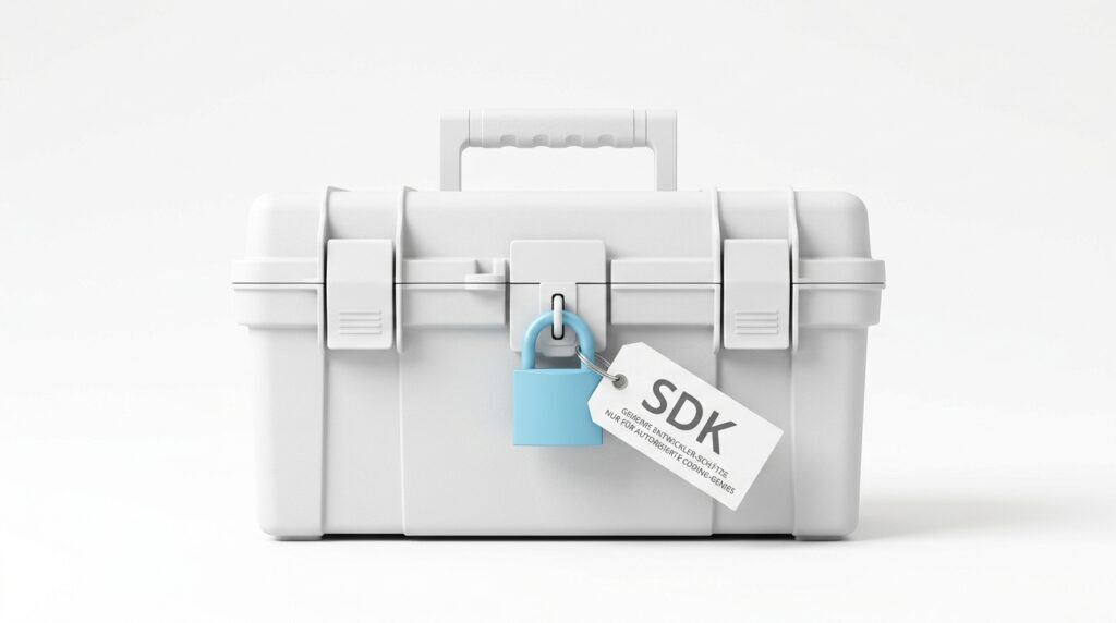 Anthropic kauft Stainless: weißer Werkzeugkoffer mit hellblauem Vorhängeschloss und Etikett „SDK“