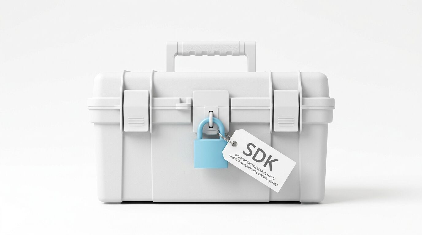 Weißer Werkzeugkoffer mit blauem Schloss und Anhänger mit Aufschrift „SDK“ vor weißem Hintergrund
