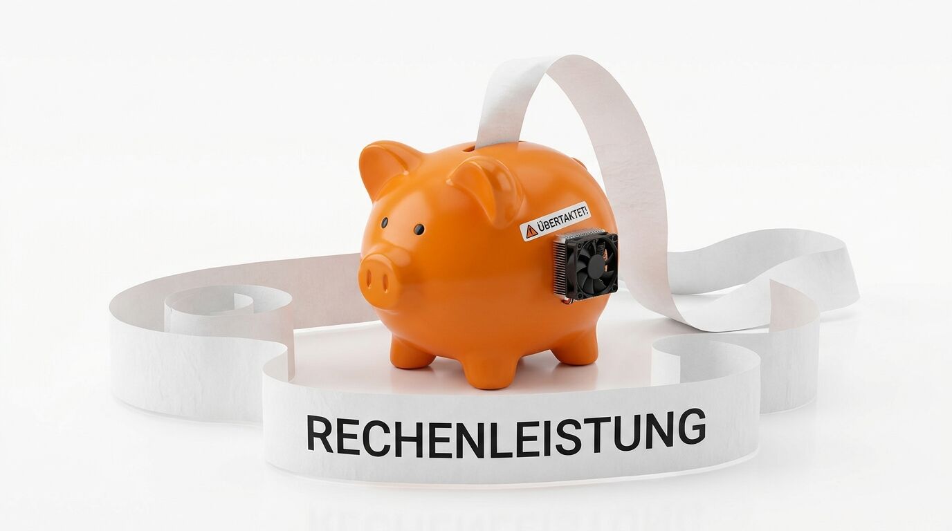 Sparschwein mit Kühlung und Warnaufkleber, umgeben von Papier mit Text RECHENLEISTUNG