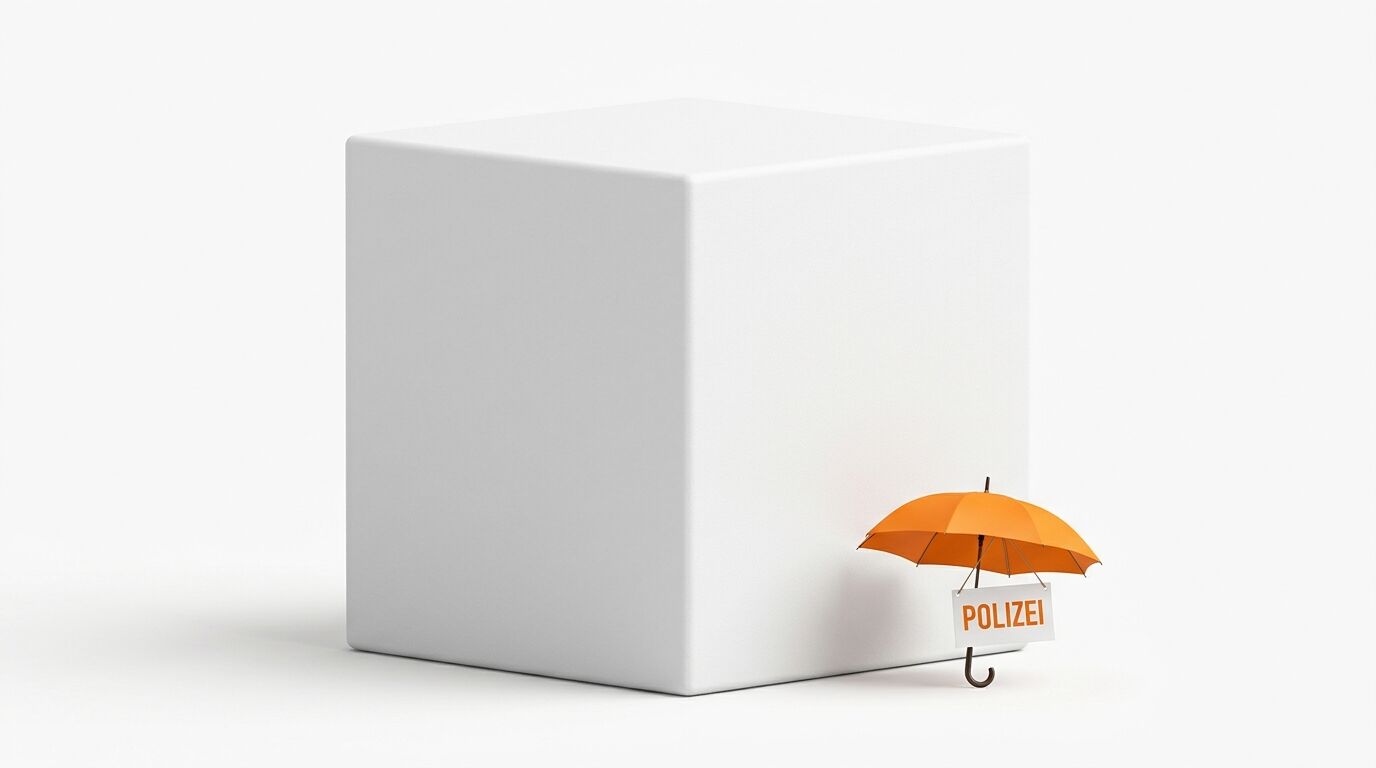Großer weißer Würfel neben kleinem orangem Regenschirm mit Schild „POLIZEI“, weißer Grund