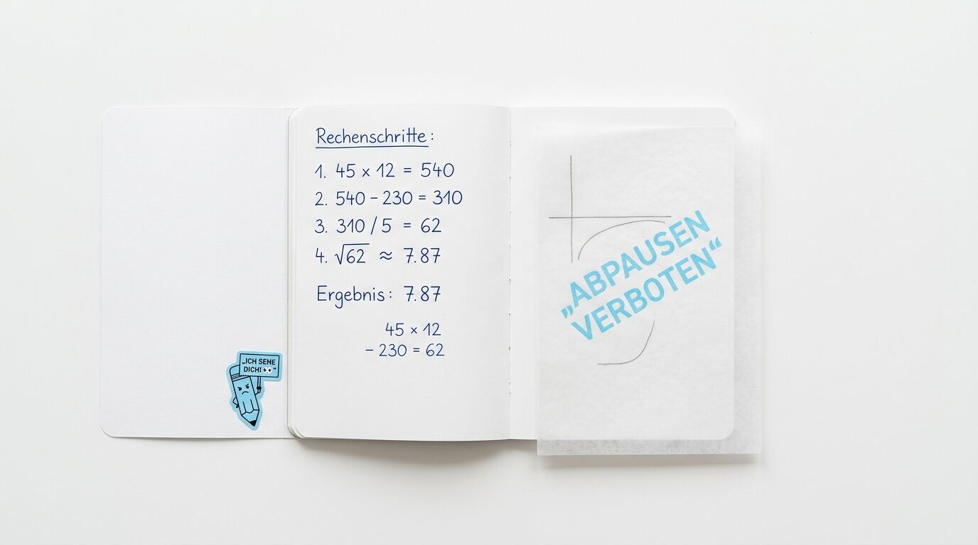 Notizheft mit Rechenschritten, Sticker und durchscheinendem Papier: