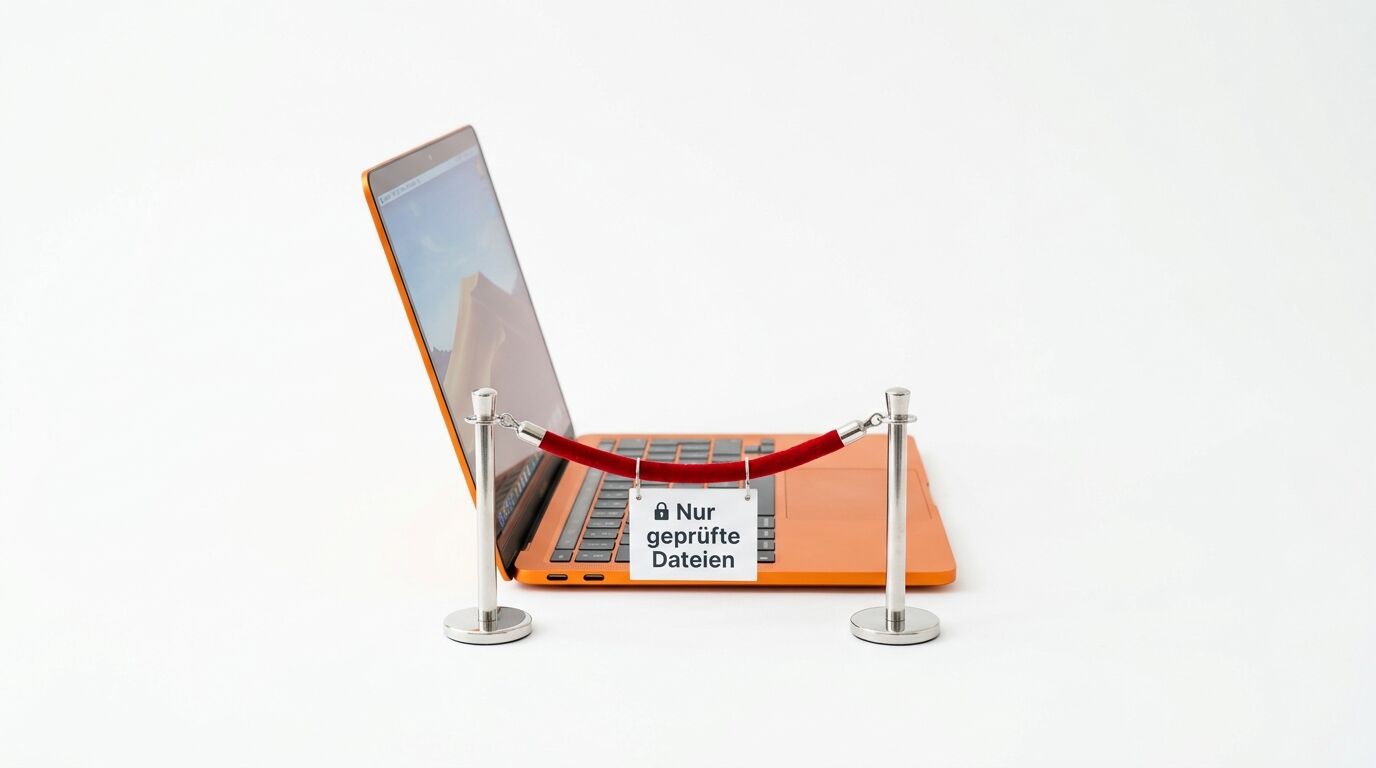 Orange Laptop mit Absperrung und Schild "Nur geprüfte Dateien" vor weißem Hintergrund