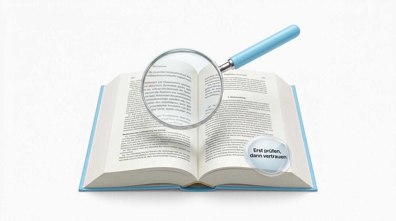 Aufgeschlagenes Buch mit blauem Einband und Lupe, die Text vergrößert. Sprechblase mit "Erst prüfen, dann vertrauen"