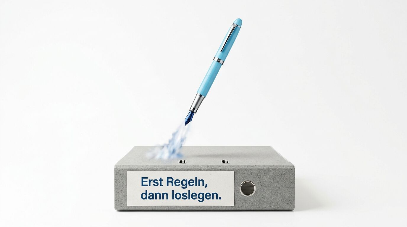 Blauer Füller schreibt auf grauem Behälter mit Aufschrift "Erst Regeln, dann loslegen"