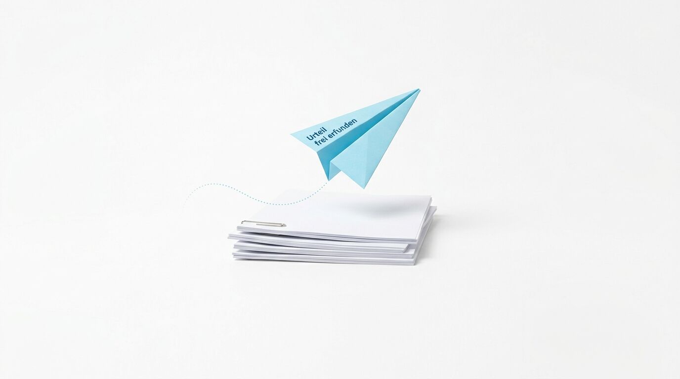Blauer Papierflieger mit Text "Unfall Treferfunden" fliegt von einem Papierstapel weg, verbunden durch gestrichelte Linie