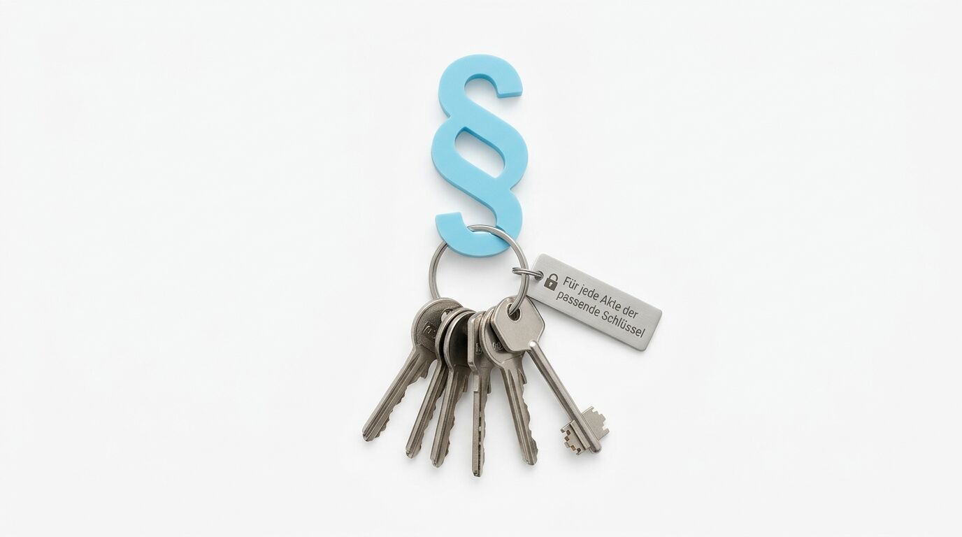 Schlüsselbund mit blauem Paragraphensymbol, Metallring und mehreren Schlüsseln sowie Etikett mit deutscher Aufschrift
