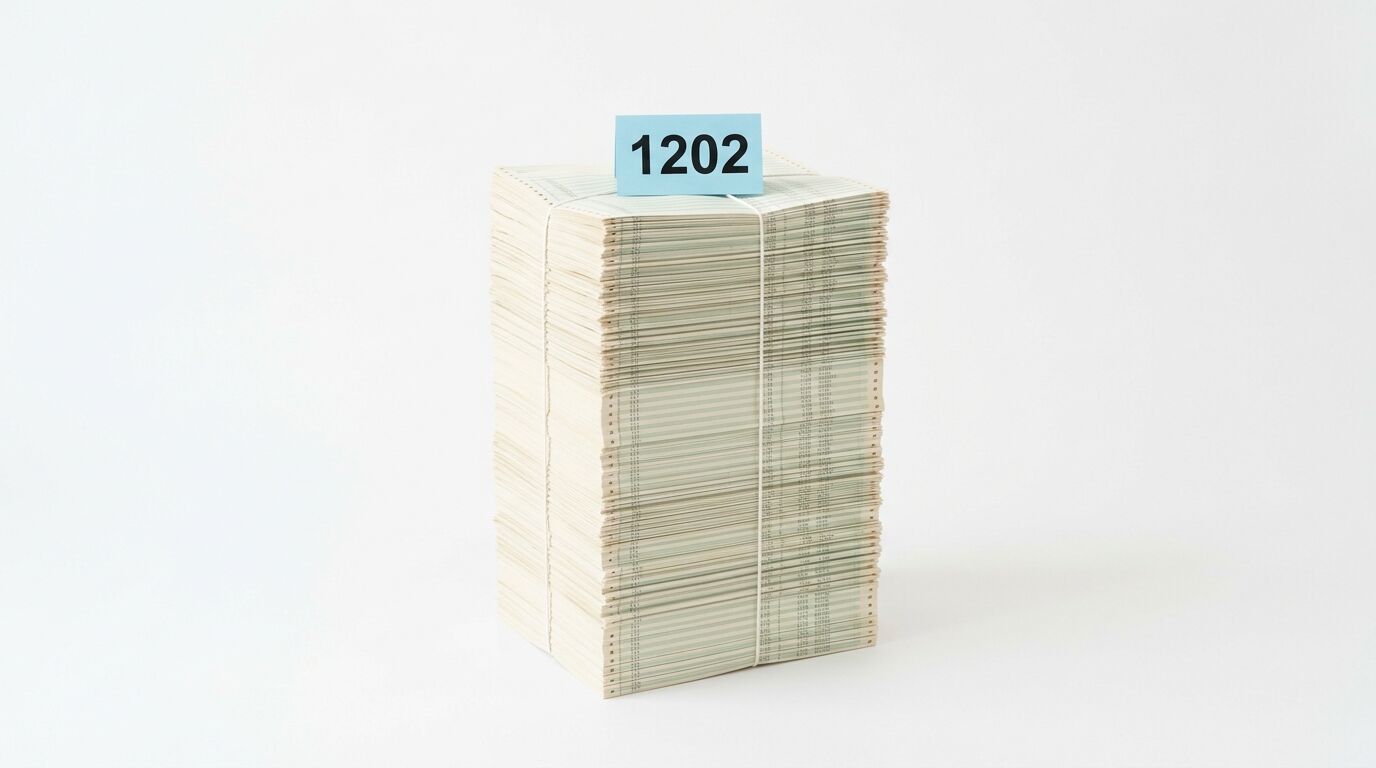 Ein Stapel Karteikarten oder Hefte, zusammengebunden mit Schnüren, mit der Nummer „1202“ oben