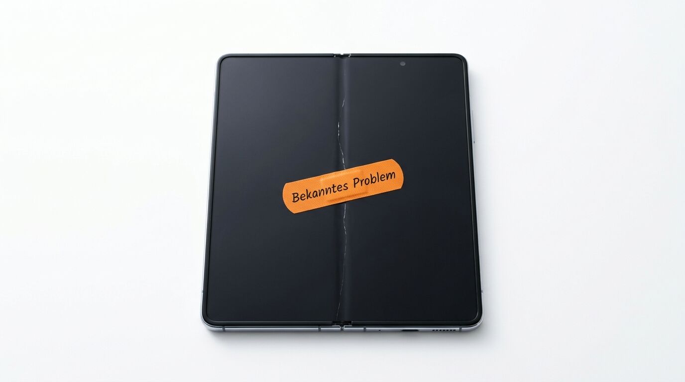 Klapphandy mit gerissenem Display, überklebt mit Pflaster „Bekanntes Problem“