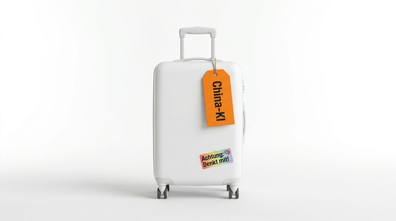 Koffer mit „China-Koffer“-Anhänger und „Achtung: Denkt mit!“-Sticker