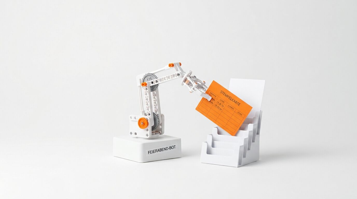 Ein kleiner Roboterarm beschriftet eine Stempelkarte im Prospekthalter vor weißem Hintergrund
