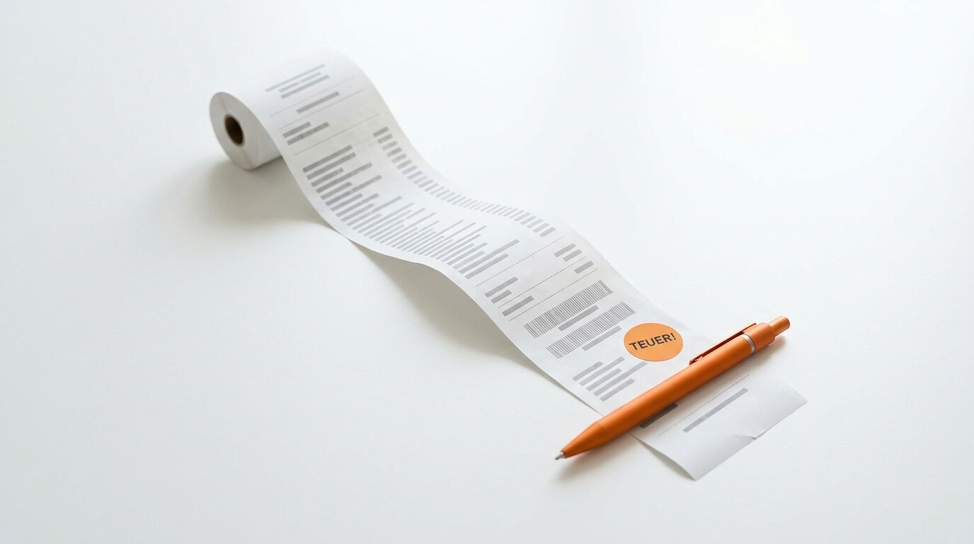 Bon, orangefarbener Aufkleber mit der Aufschrift „TEUER!“, orangefarbener Kugelschreiber