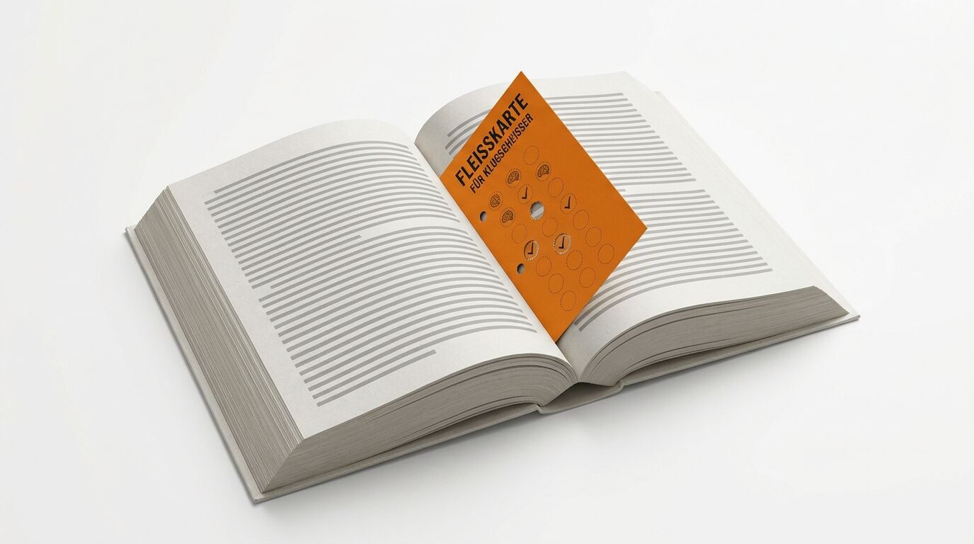 Geöffnetes Buch mit grauen Streifen und eingelegter orangefarbener „FLEISSKARTE“