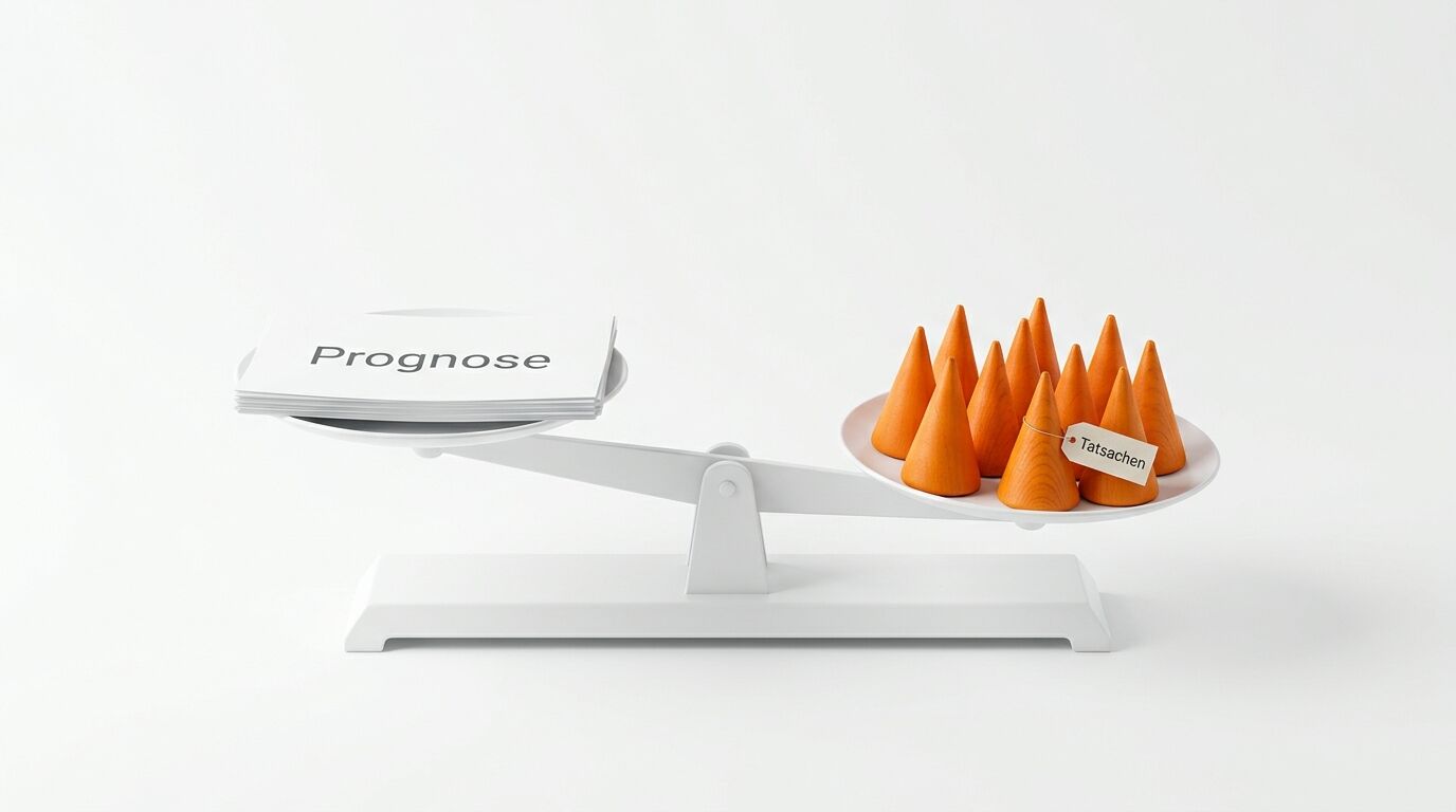 Waage mit „Prognose“ (links) und „Tatsachen“ (orangefarbene Kegel rechts) im Gleichgewicht