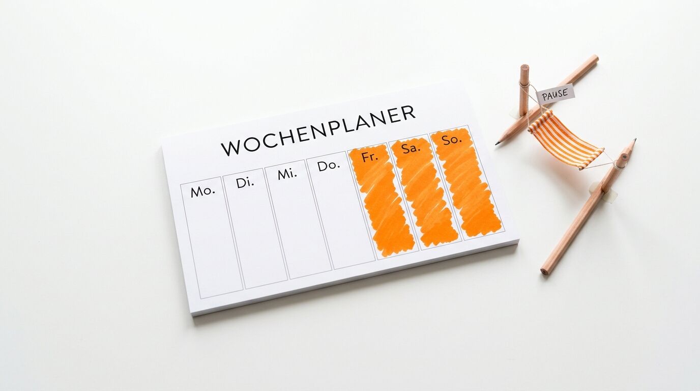 Wochenplaner-Block und Mini-Hängematte aus Stiften mit „PAUSE“-Schild auf weißem Grund