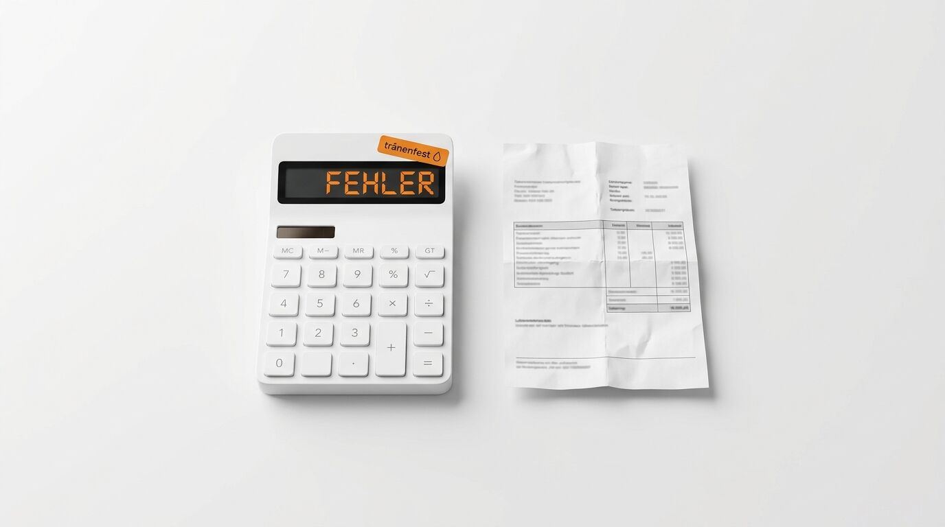 Ein weißer Taschenrechner mit der Anzeige FEHLER und ein Beleg liegen auf weißem Grund