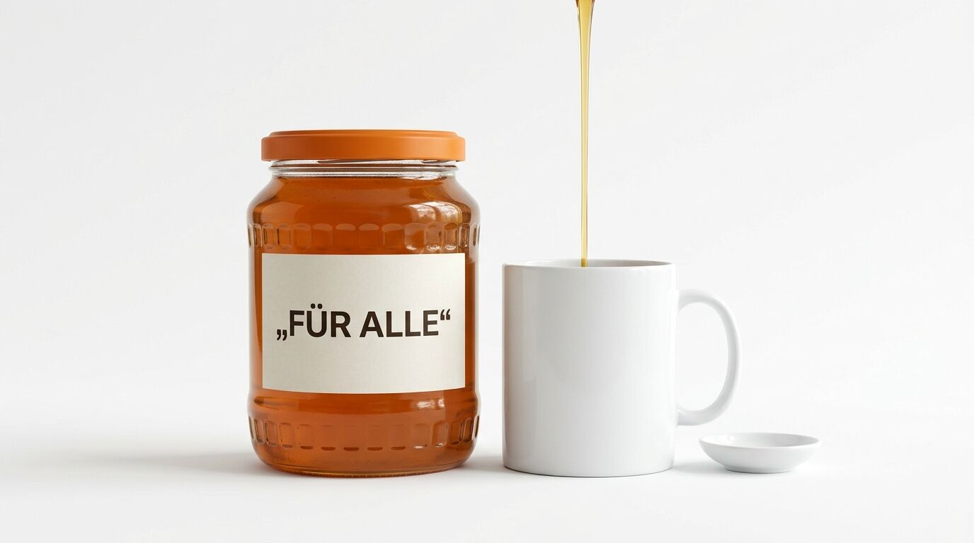 Honigglas mit Etikett „FÜR ALLE“ und weiße Tasse, in die Honig fließt, vor weißem Hintergrund