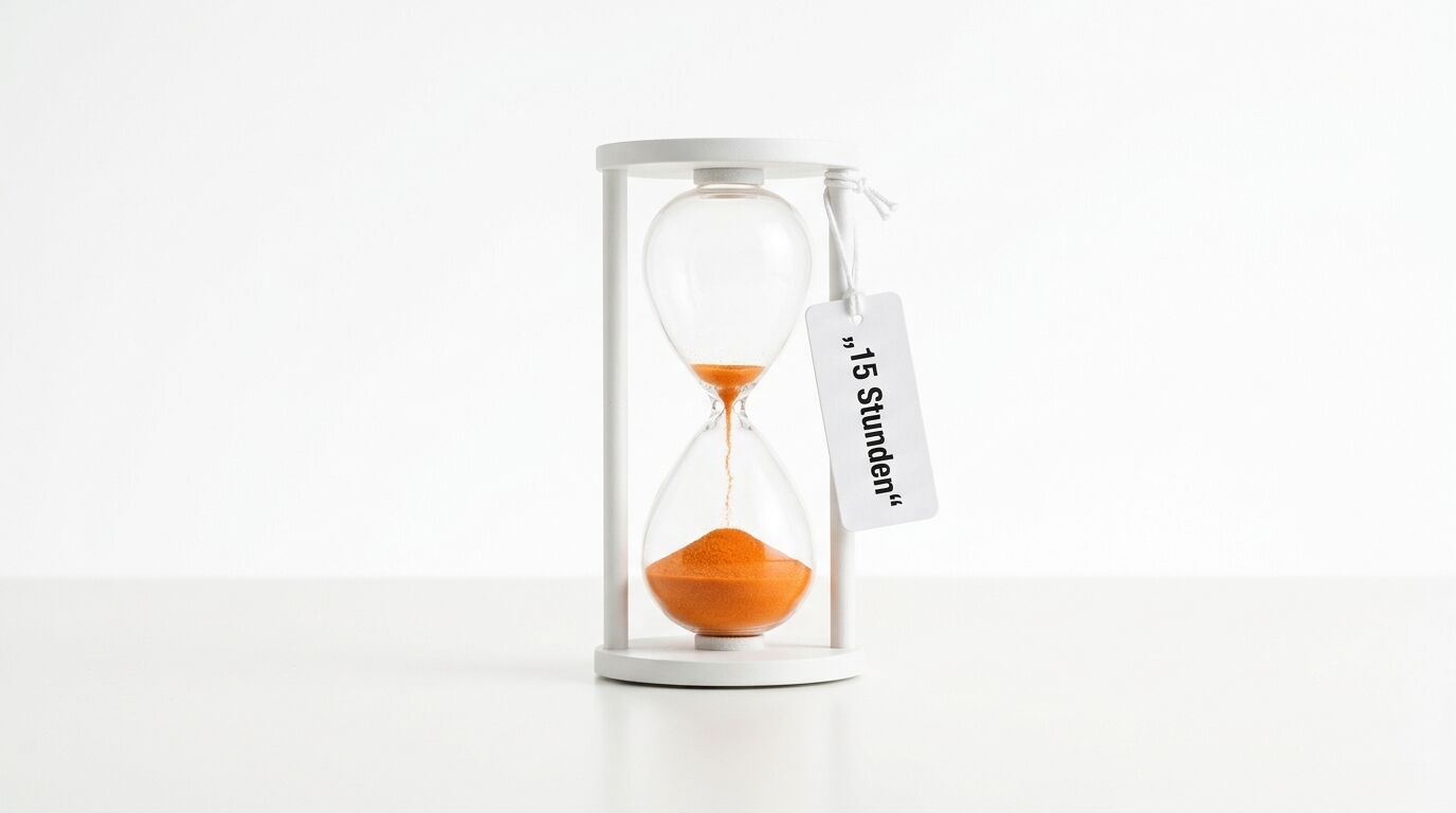 Weißgerahmte Sanduhr mit orangem Sand und Anhänger beschriftet mit „15 Stunden“ vor weißem Hintergrund