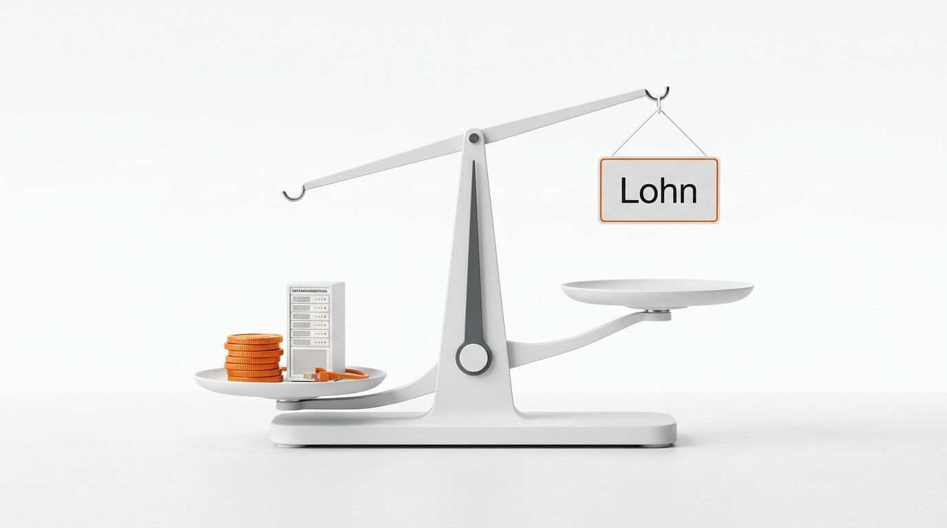 Eine Waage mit Server und Münzen links sowie dem Wort „Lohn“ rechts vor weißem Hintergrund