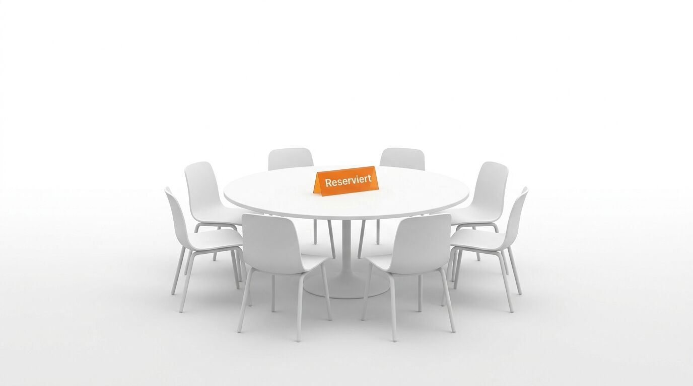 Ein runder Tisch mit acht Stühlen und einem orangefarbenen Schild, auf dem „Reserviert“ steht