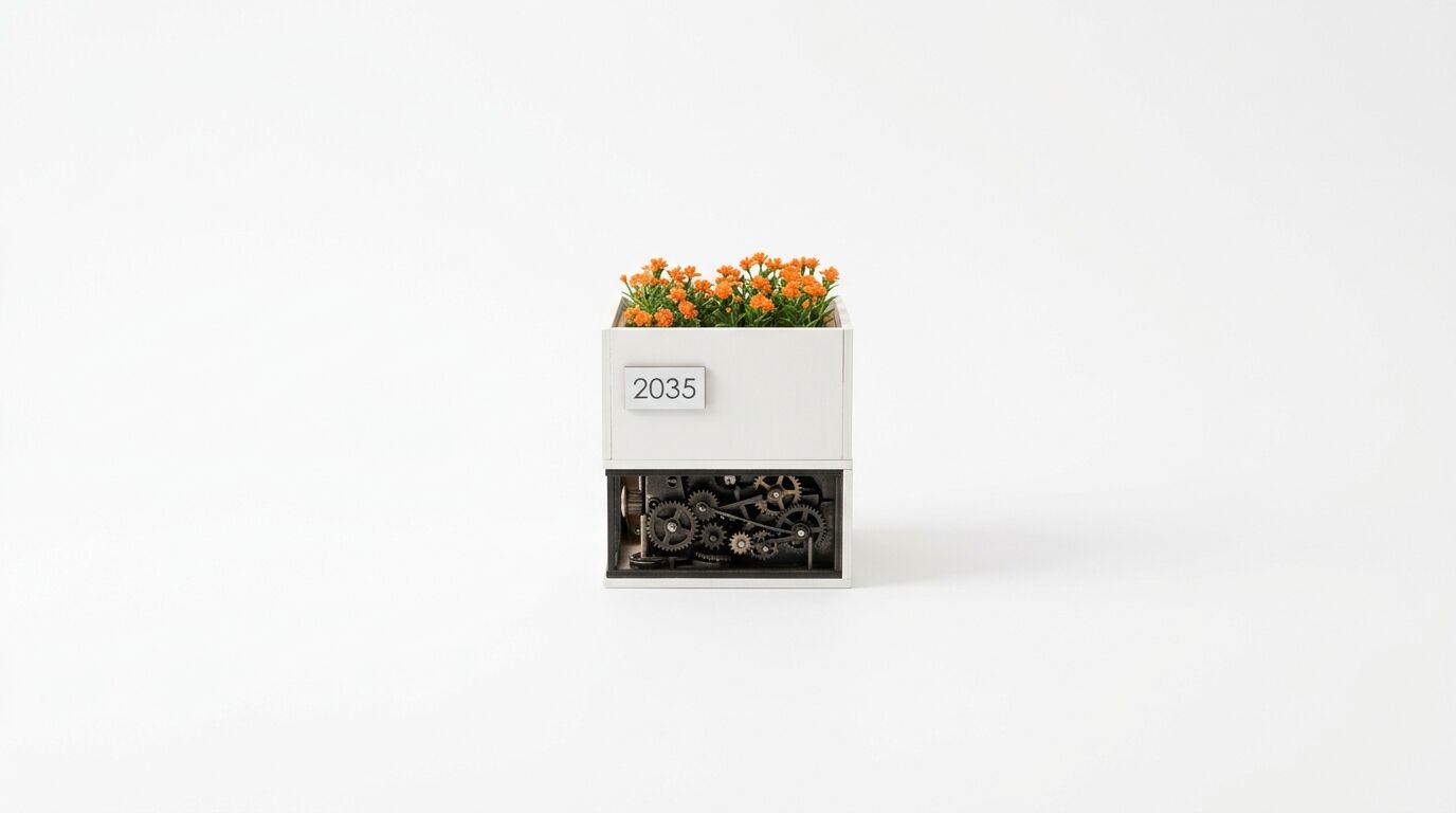 Kasten mit Zahnrädern, Jahrzahl 2035 und oranger Pflanze auf weissem Grund