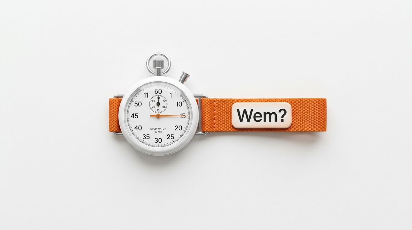 Eine weiße Stoppuhr mit orangefarbenem Band und dem Wort „Wem?“ darauf