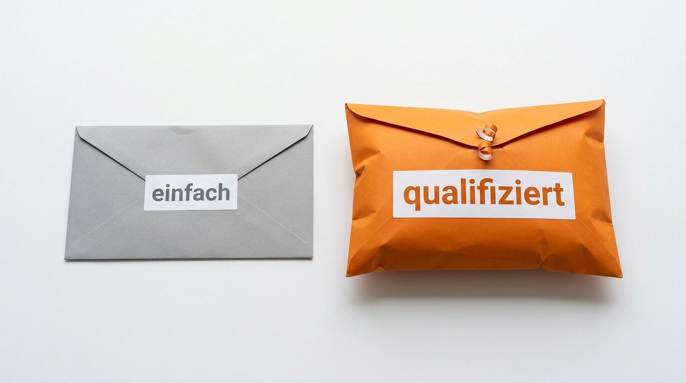 Grauer Brief mit Aufschrift „einfach“, orangefarbenes Päckchen mit Aufschrift „qualifiziert“