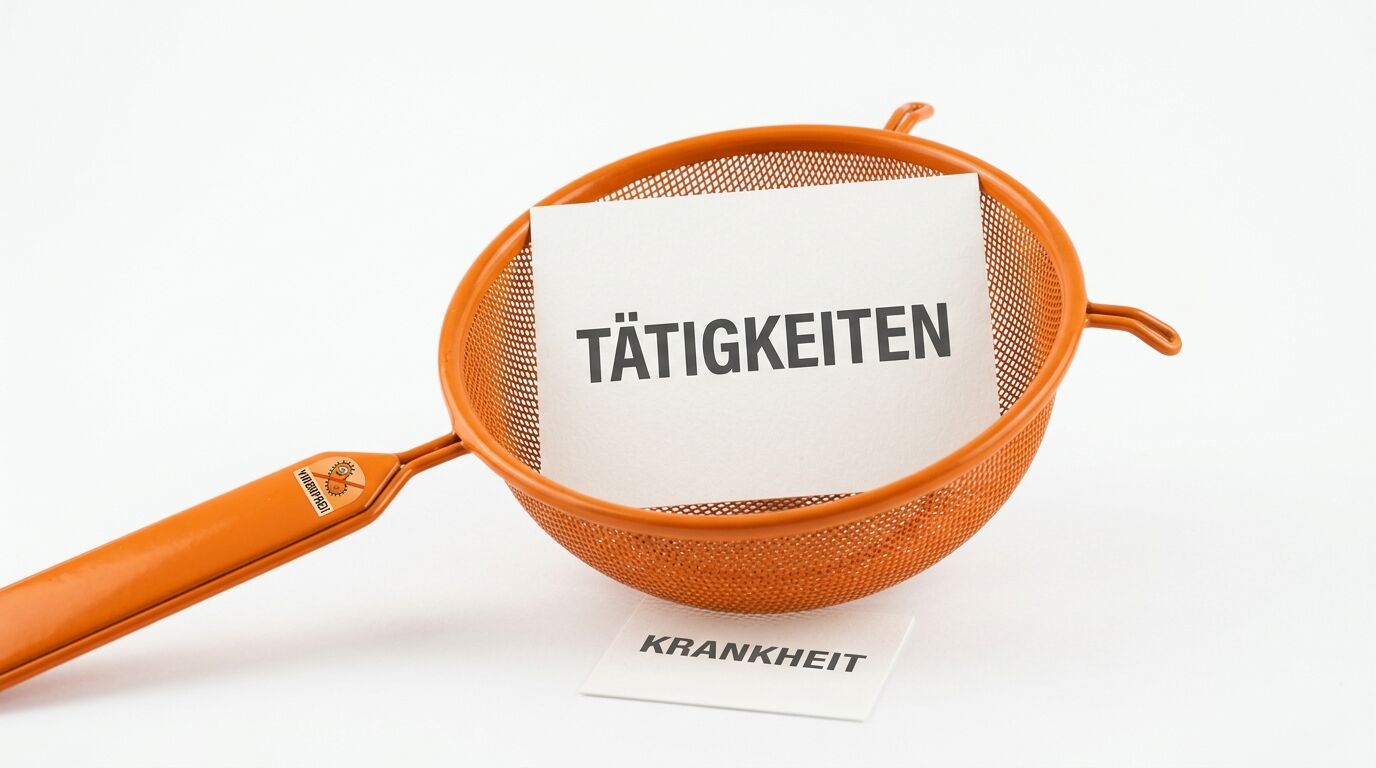Orangefarbenes Sieb mit Kärtchen „TÄTIGKEITEN“, darunter „KRANKHEIT“ auf weißem Grund
