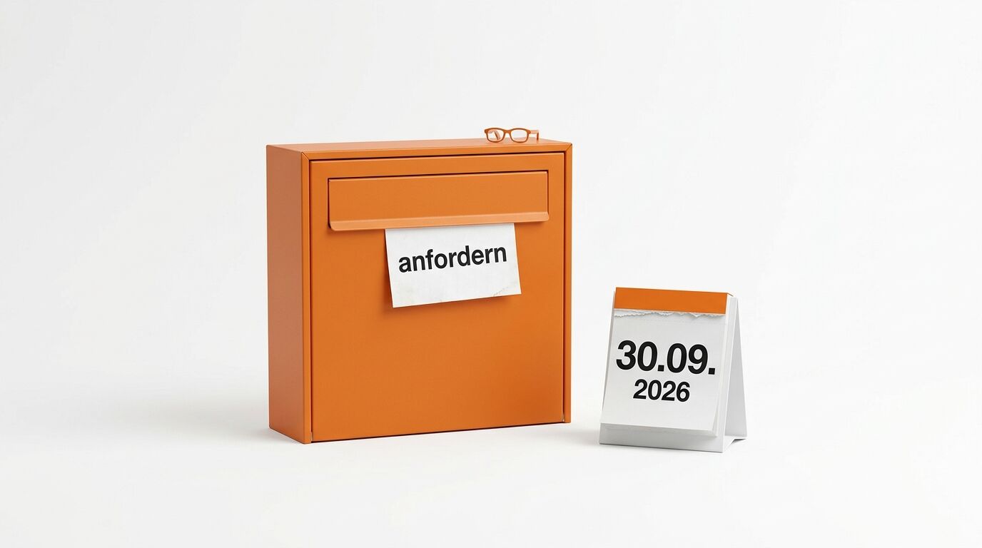Oranger Briefkasten mit Zettel „anfordern“ und Kalender mit Datum „30.09.2026“