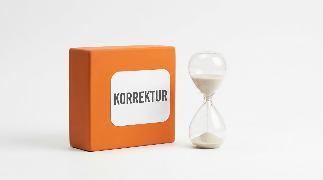 Ein orangefarbener Quader mit Aufschrift „KORREKTUR“ steht neben einer Sanduhr