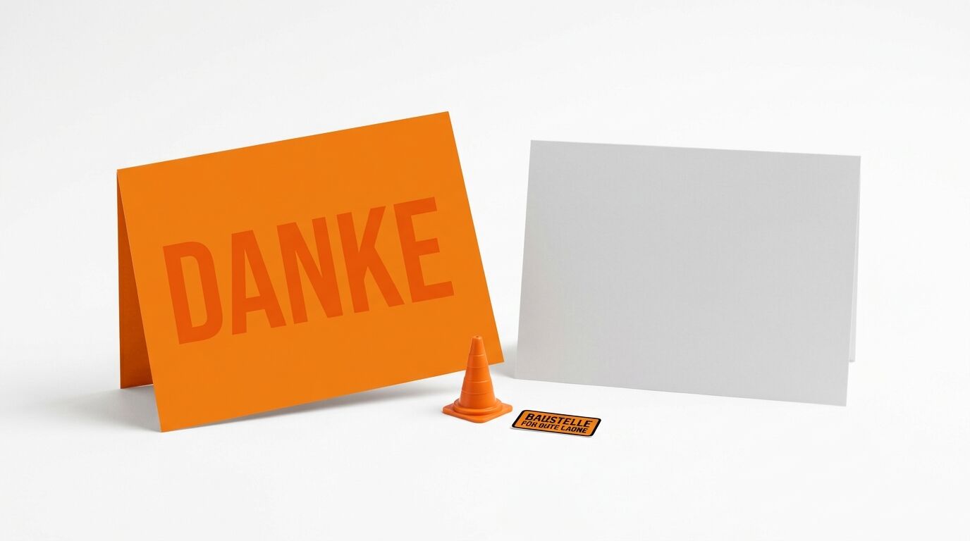 Orange Karte mit „DANKE“, weiße Blanko-Karte und kleine Verkehrs-Deko-Elemente