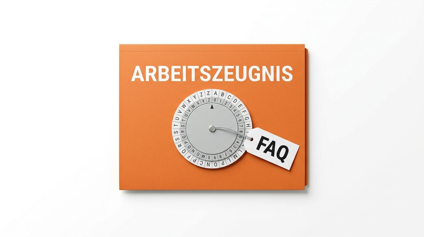Orangefarbenes Buch mit Aufschrift „ARBEITSZEUGNIS“, Codierscheibe und FAQ-Anhänger