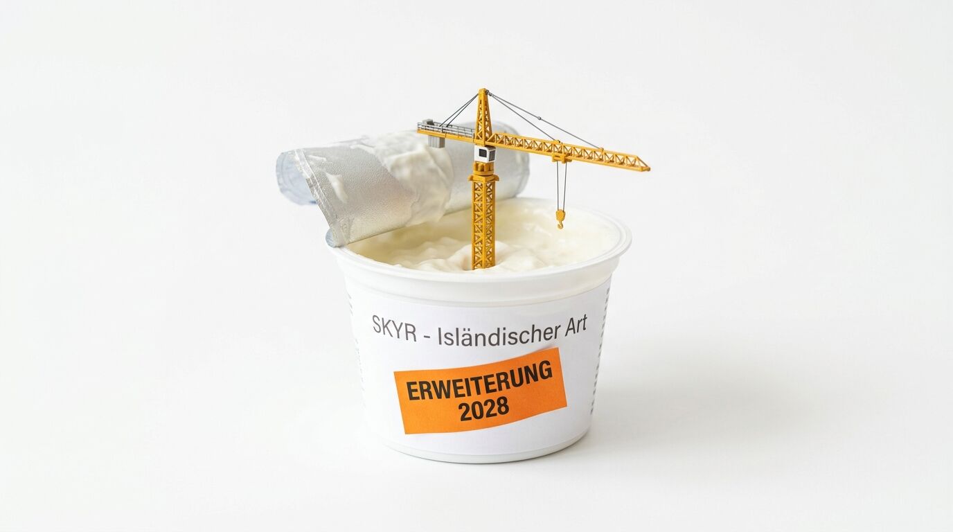 Miniaturkran in offenem Skyr-Becher mit Aufkleber ERWEITERUNG 2028