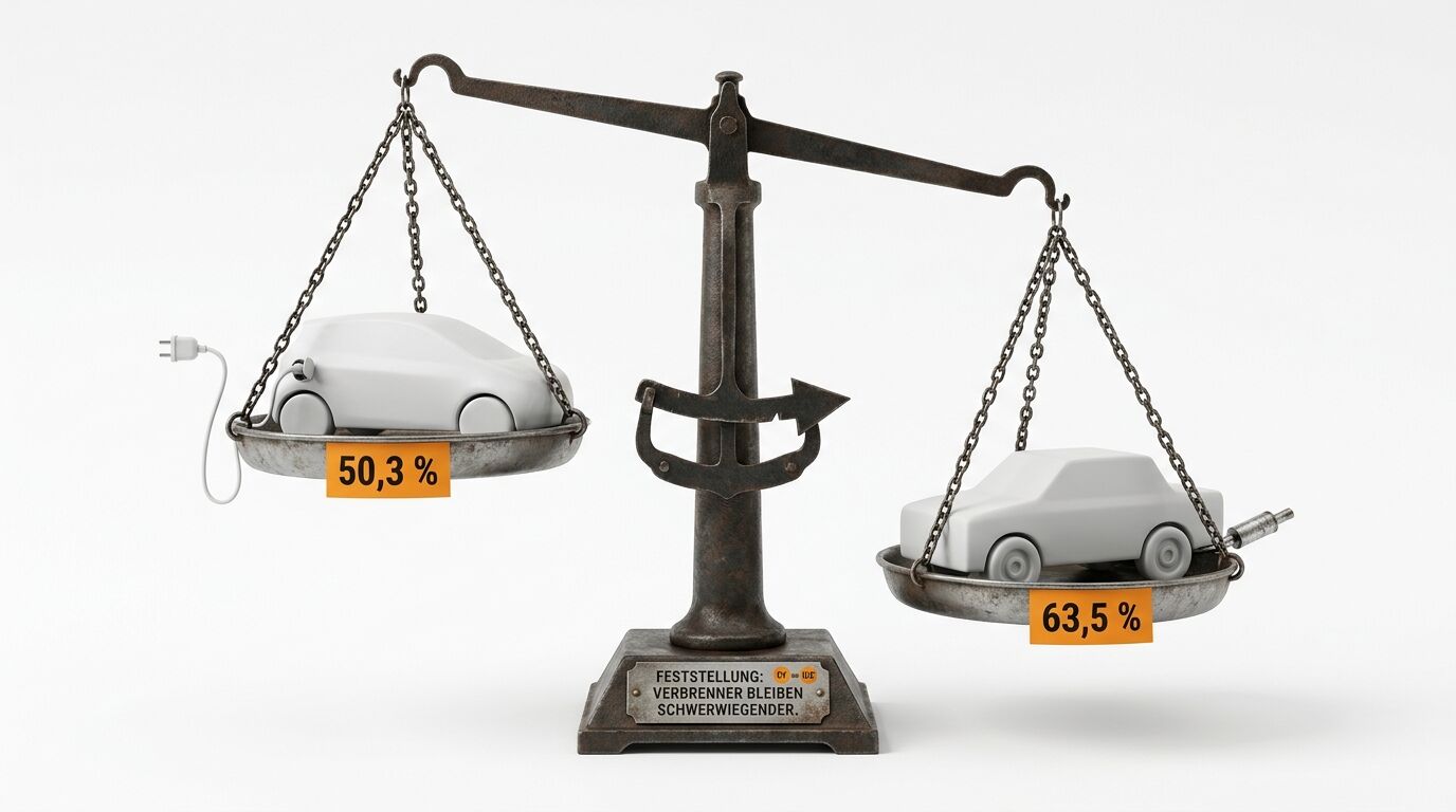 Waage mit E-Auto (links, höher, 50,3 %) und Verbrenner (rechts, tiefer, 63,5 %) vor weiß