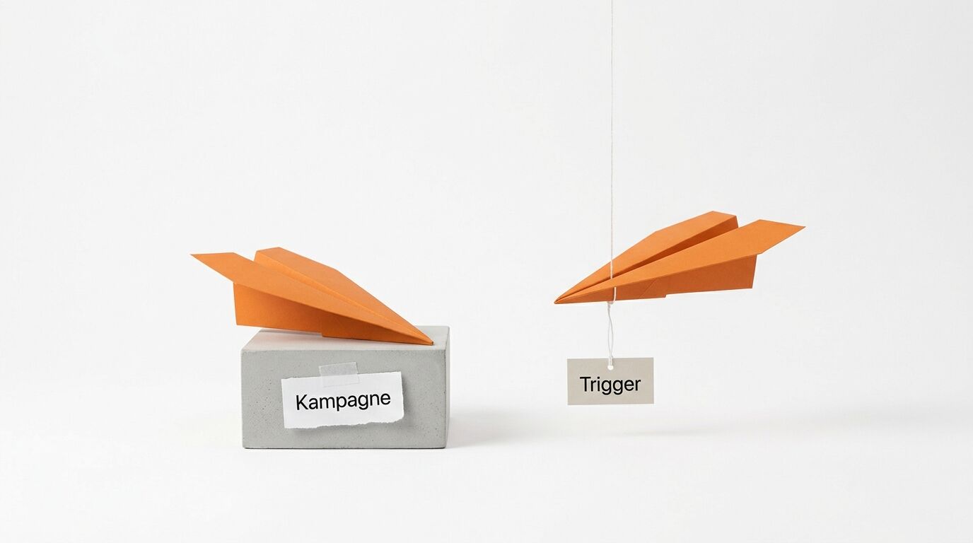 Zwei orange Papierflieger mit Beschriftungen „Kampagne“ und „Trigger“ auf weißem Hintergrund
